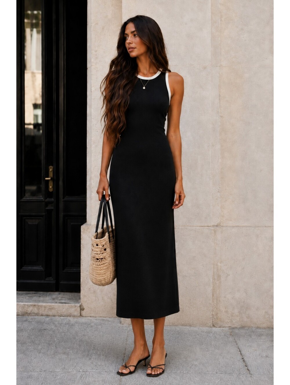 MNG Mango Black Ribbed Knit Maxi Dress Contrast Trim Tank Bodycon Stretch US 6